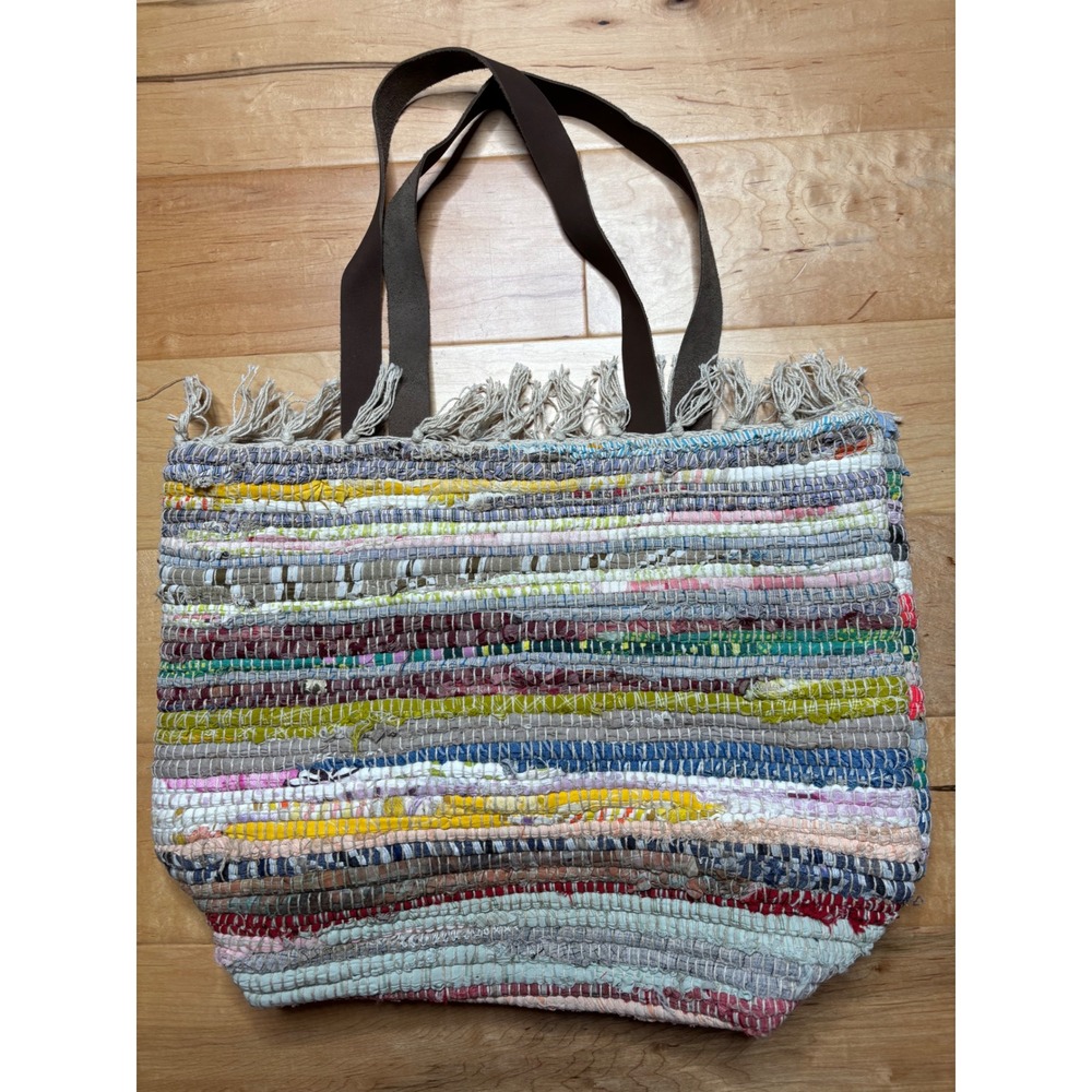 Raj Woven Tote Bag Women Medium Multi-Color Boho Rag Rug Fringe